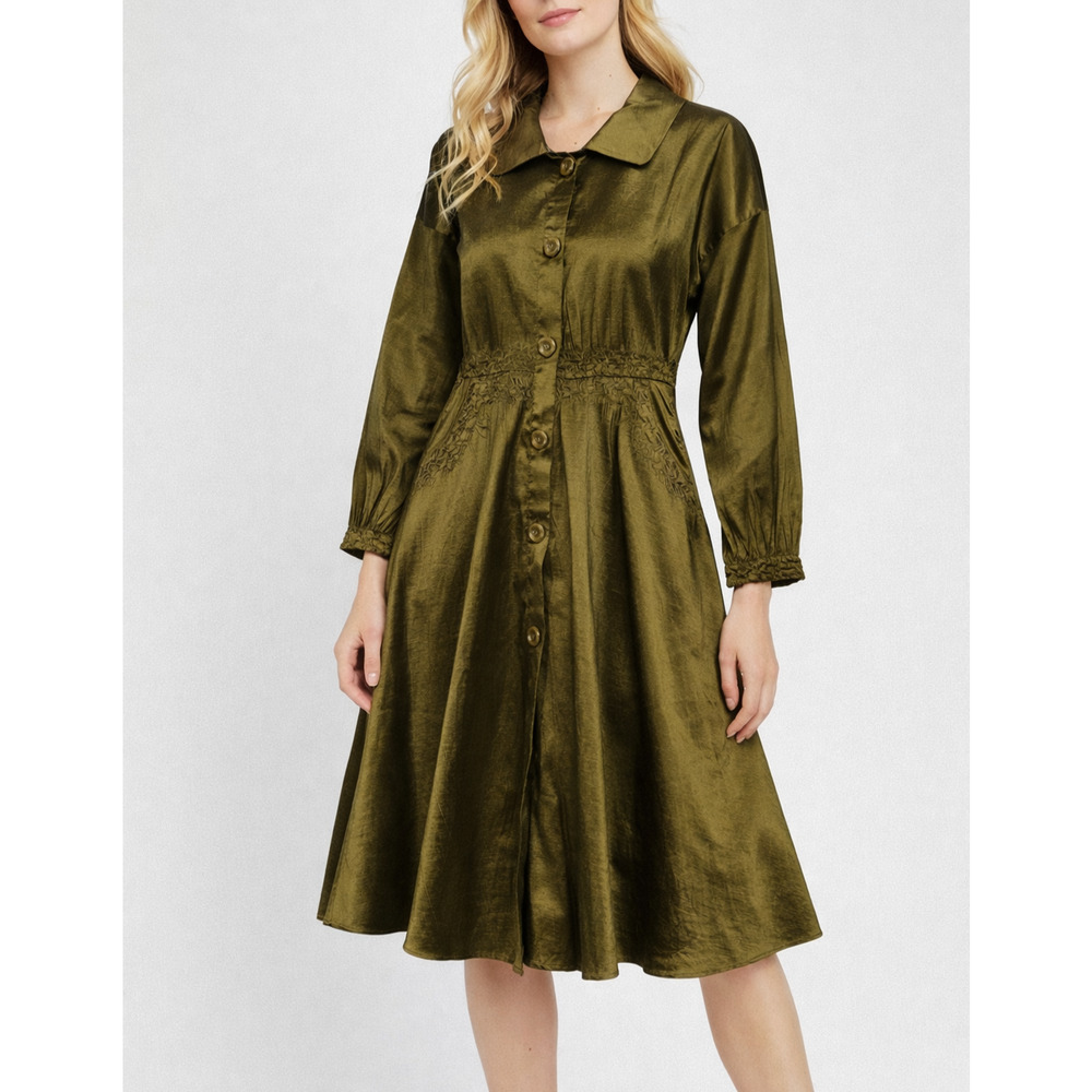 Jerry T Metallic Coat Jacket Dress Womens Medium Green Midi Swing Lagenlook